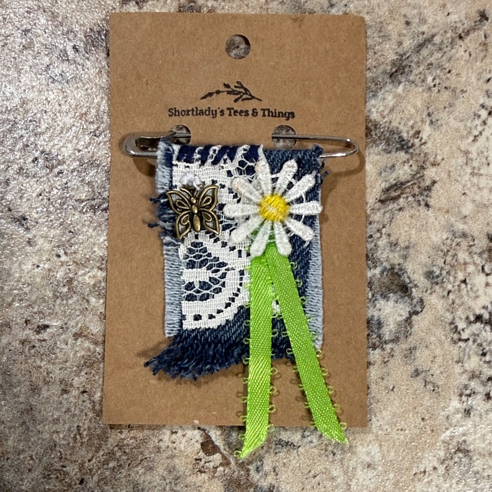 Denim and Lace Brooch with Daisy and Butterfly